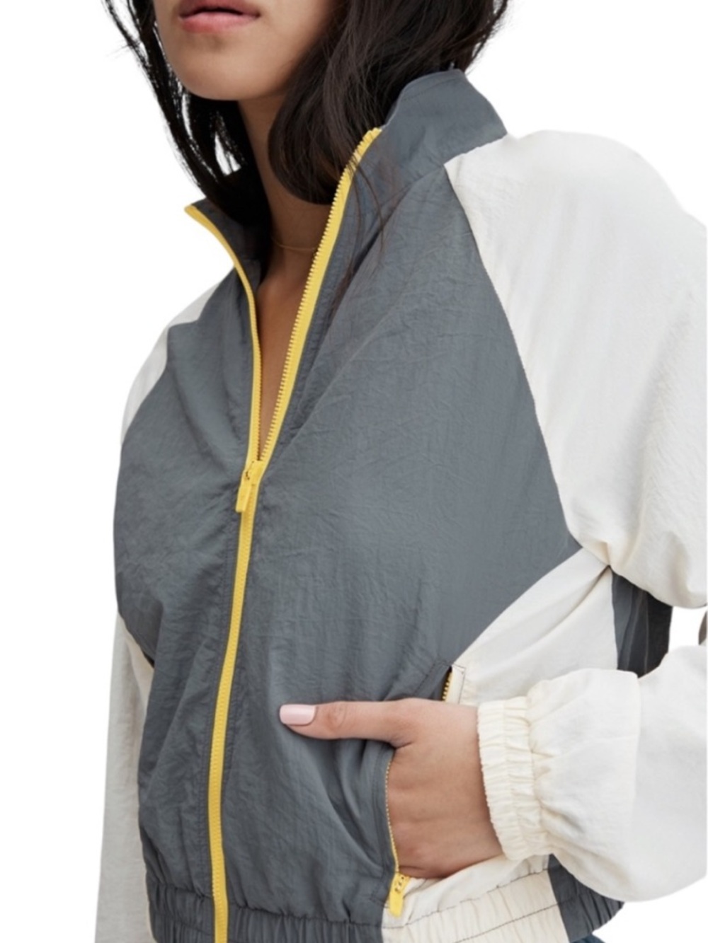 Fabletics Gray and Cream Bomber Jacket with Yellow Zip